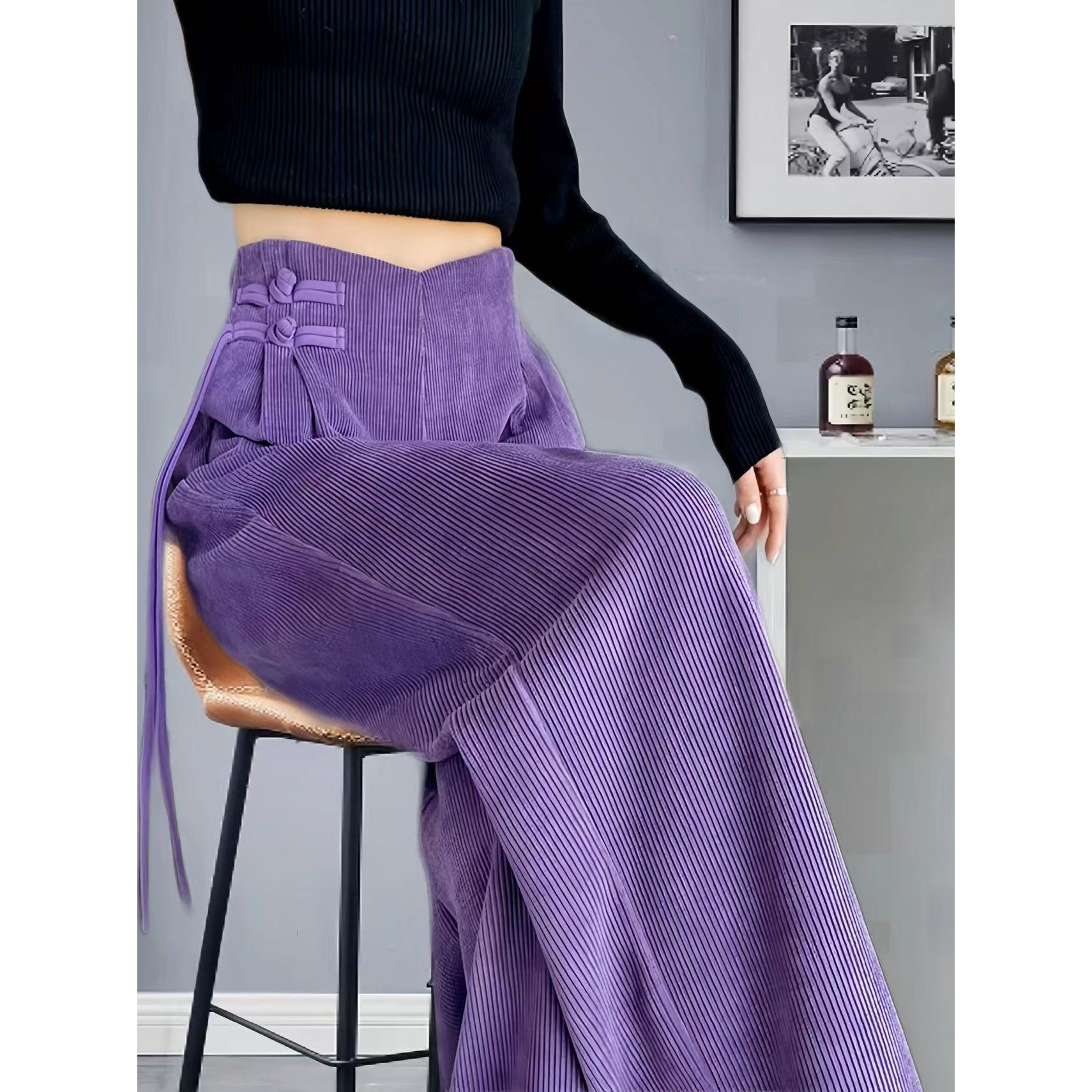 1401-1410雪尼尔女士休闲裤显瘦中腰直筒时尚百搭秋冬宽松大码