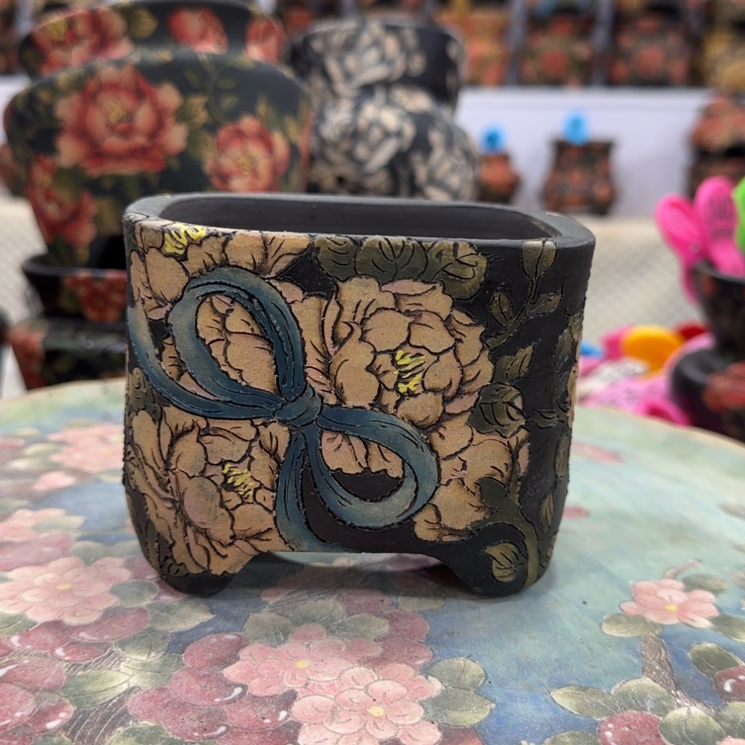 紫砂花盆精品多肉手绘花盆