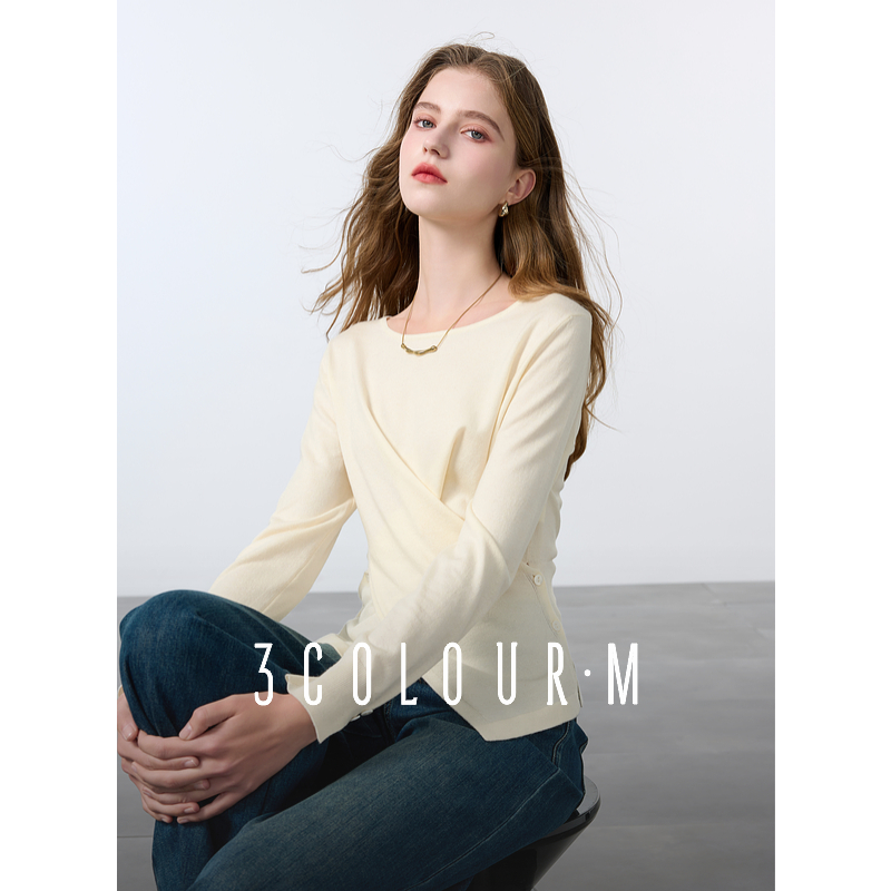 【达人专属】三彩2025春季新款设计感针织衫交叠开叉圆领长袖dbx