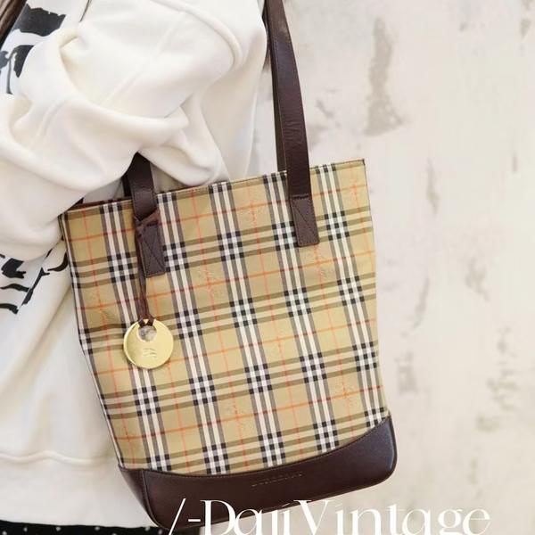 大吉中古/Burberry战马格纹拼棕金币菜篮子