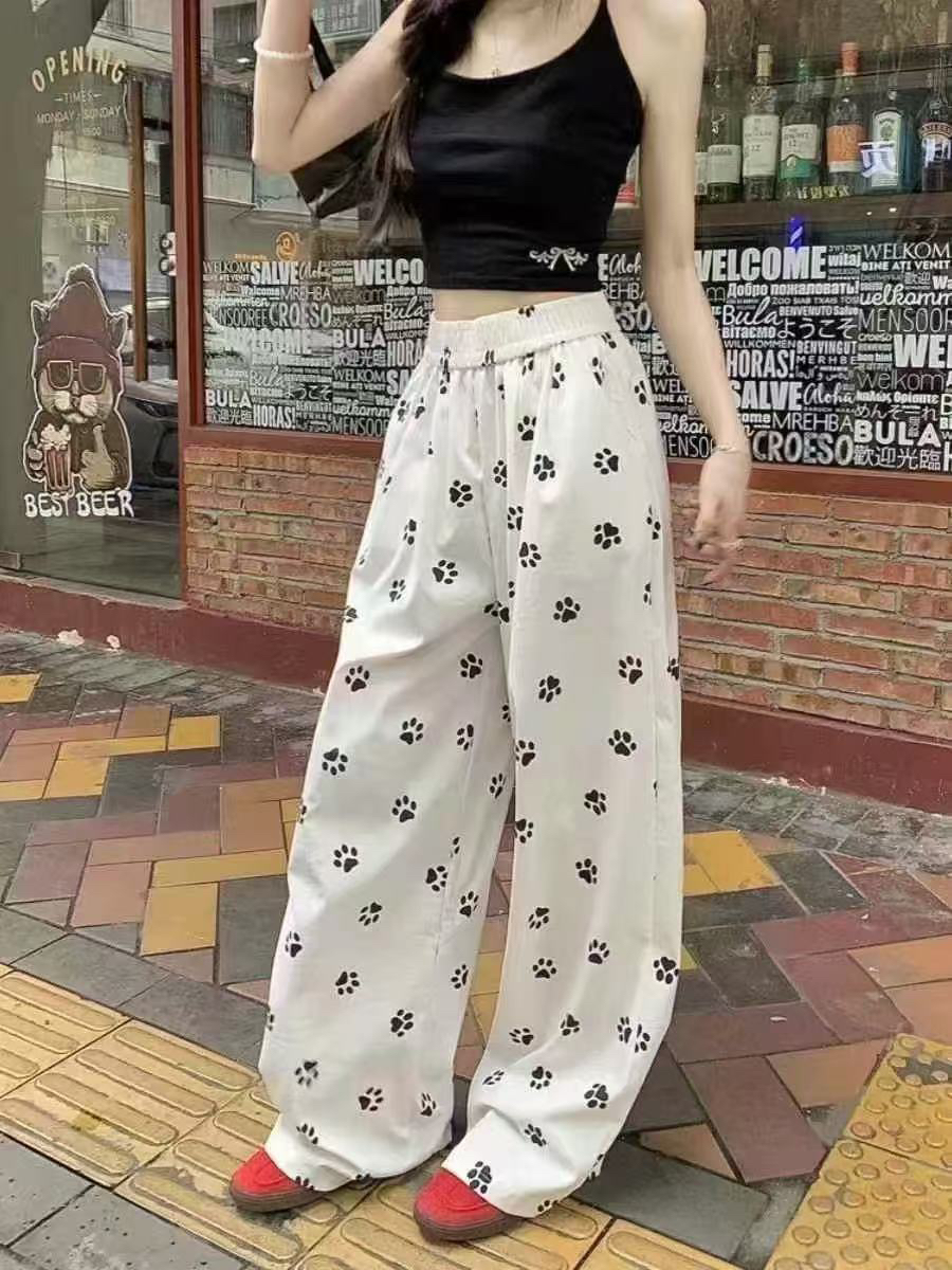 阔腿裤运动裤显瘦高腰垂感韩版休闲裤薄款春季狗爪印