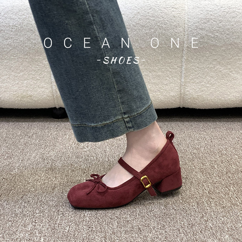 玛丽珍鞋蝴蝶结粗跟单鞋一字扣带通勤女鞋百搭显瘦