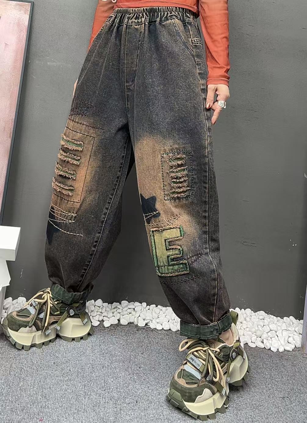 春秋女装宽松显瘦星星字母E水洗软牛仔裤休闲潮流个性哈伦裤女裤