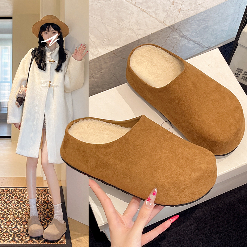 复古简约大气加绒勃肯鞋女秋冬季外穿厚底舒适防滑百搭包头拖鞋