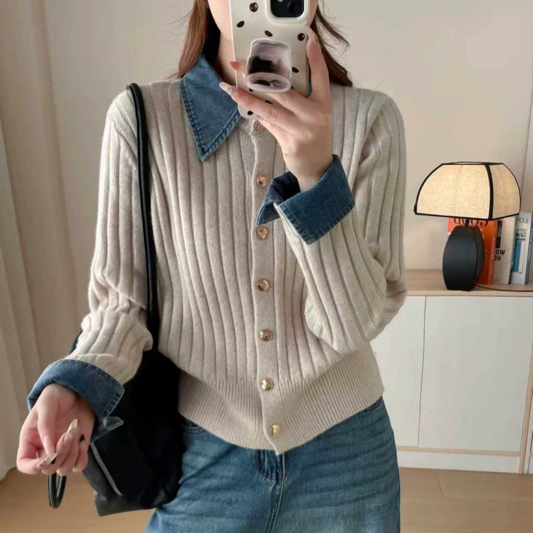 （衣长58）303 翻领牛仔拼接麻花纹针织开衫女冬季新款单排上衣