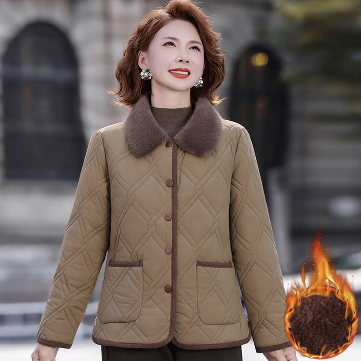 中老年女装冬季新款轻薄棉服加绒加厚保暖短款翻领棉衣外套女