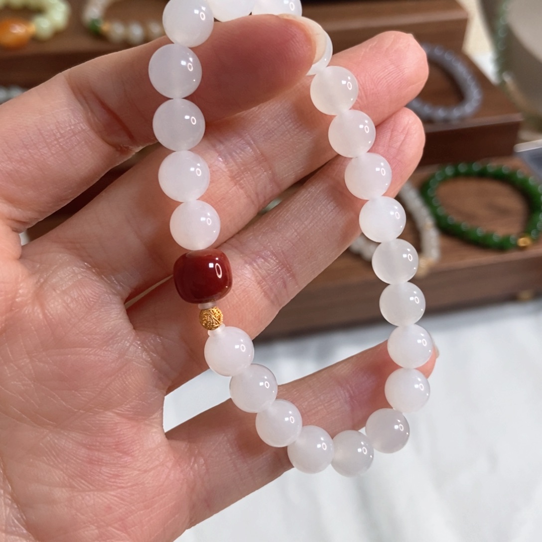 和田玉手链18K金镶嵌8mm白玉精品