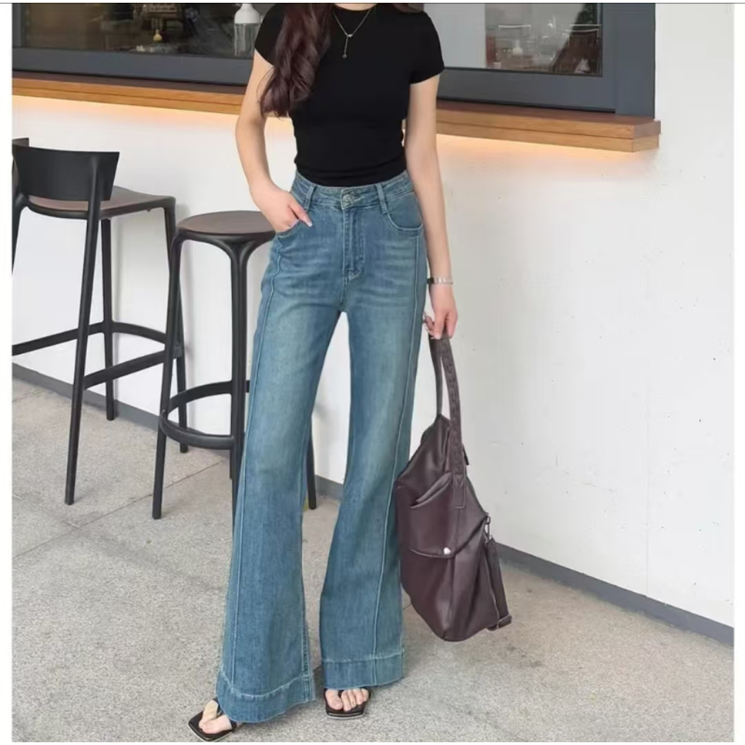 欧若风夏季新款微胖大码女装高腰微喇显瘦牛仔裤长裤小个子