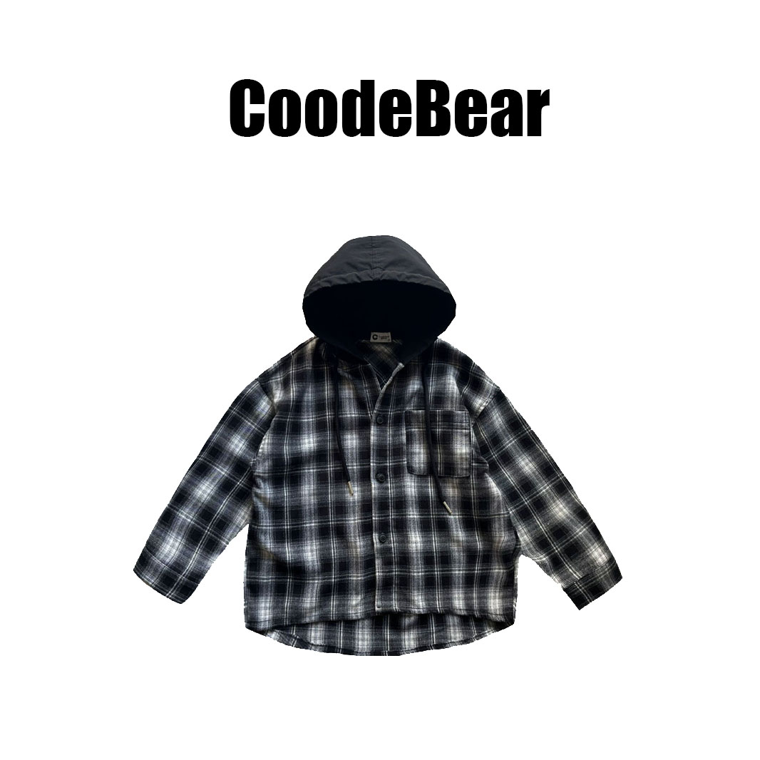 中大童秋季简约立领格子连帽衬衫29095