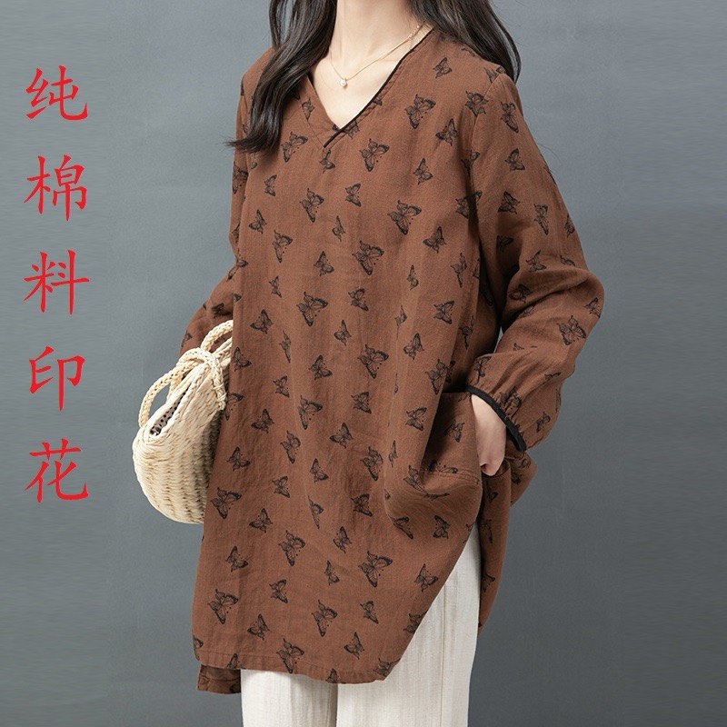 2025早春新款棉麻印花V领衬衫女宽松显瘦复古文艺百搭洋气长袖衣