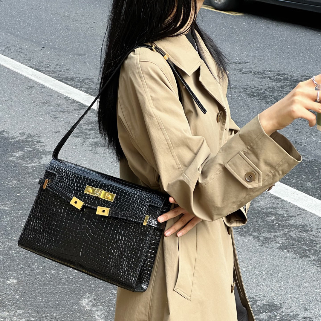 95新 YSL/圣罗兰 御古屋/08666/黑色压鳄纹曼哈顿 21年