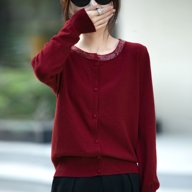 经典羊毛打底衫羊毛衫宽松显瘦开衫烫钻精致新年红毛衣