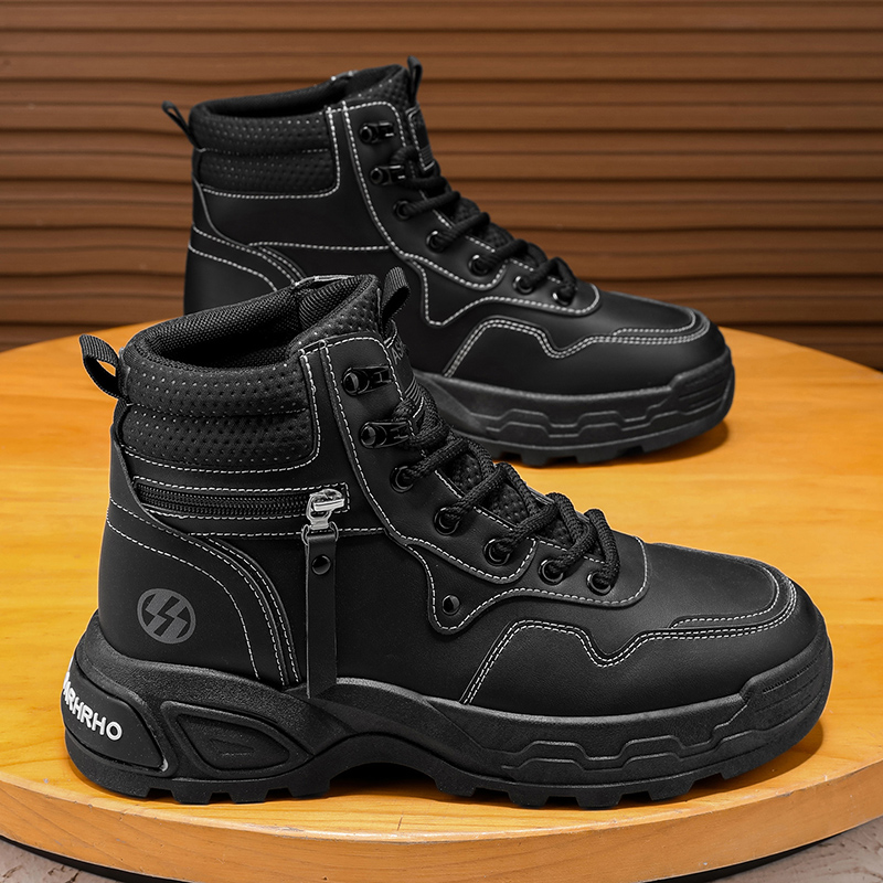 高帮男鞋秋季休闲登山运动防滑工装鞋皮面防水厚底增高白色马丁靴