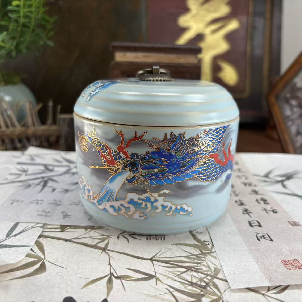 螺纹罐天青汝窑龙-小茶叶罐-4185-直播专享