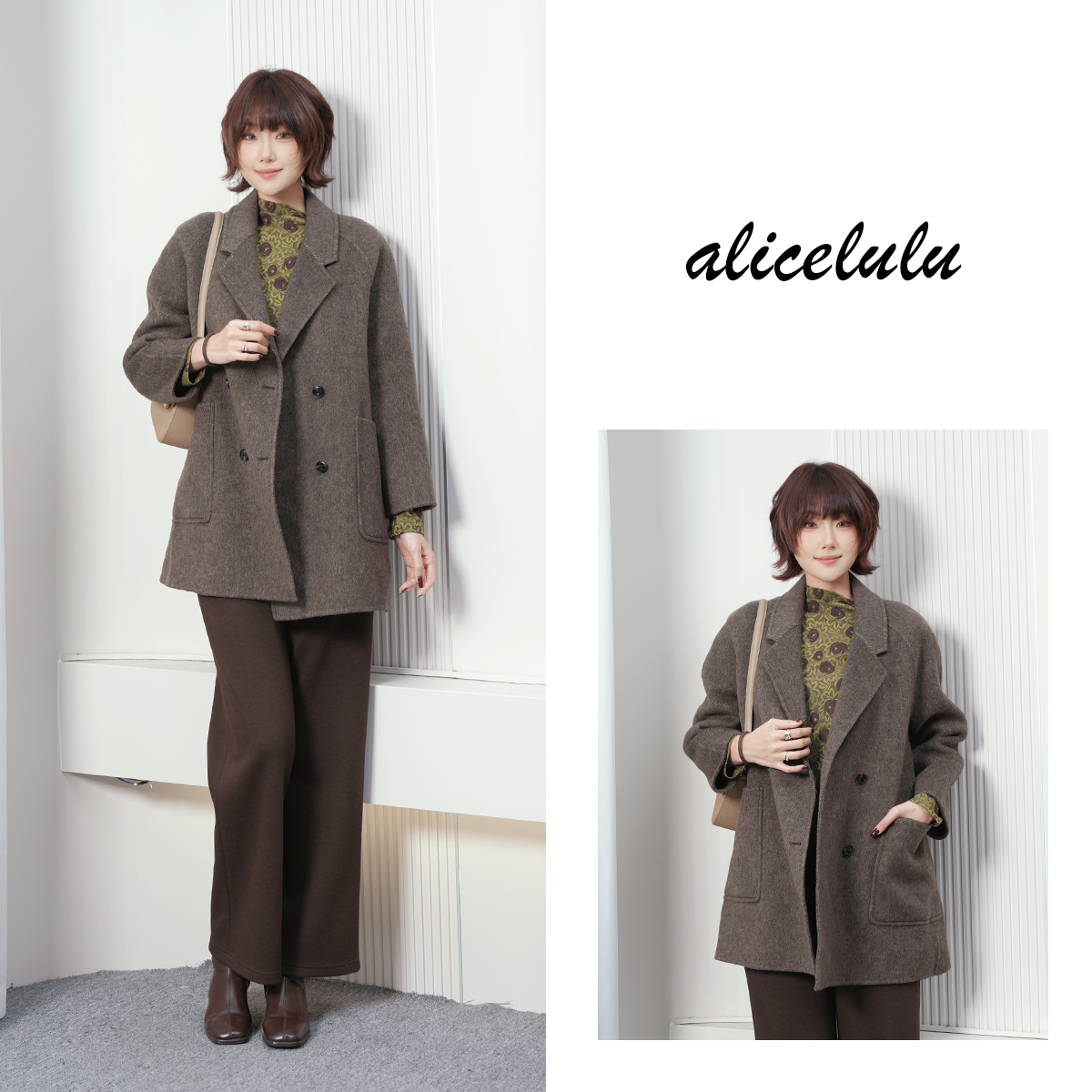 alicelulu‘美拉德’中长款廓形西装领毛呢大衣S2145805Tr