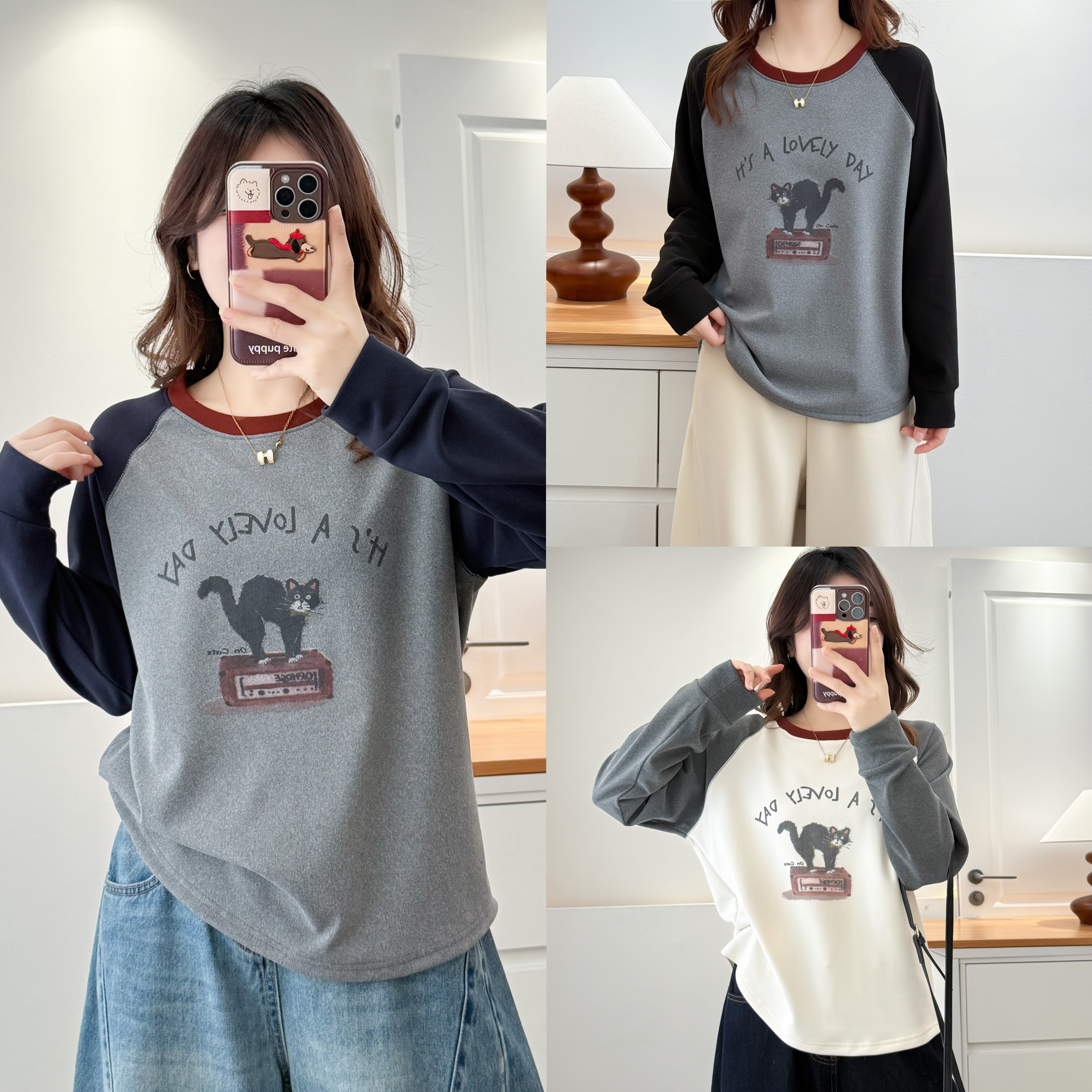 微胖大码秋冬卫衣圆领插肩袖女装休闲风厚款猫休闲德绒打底T恤