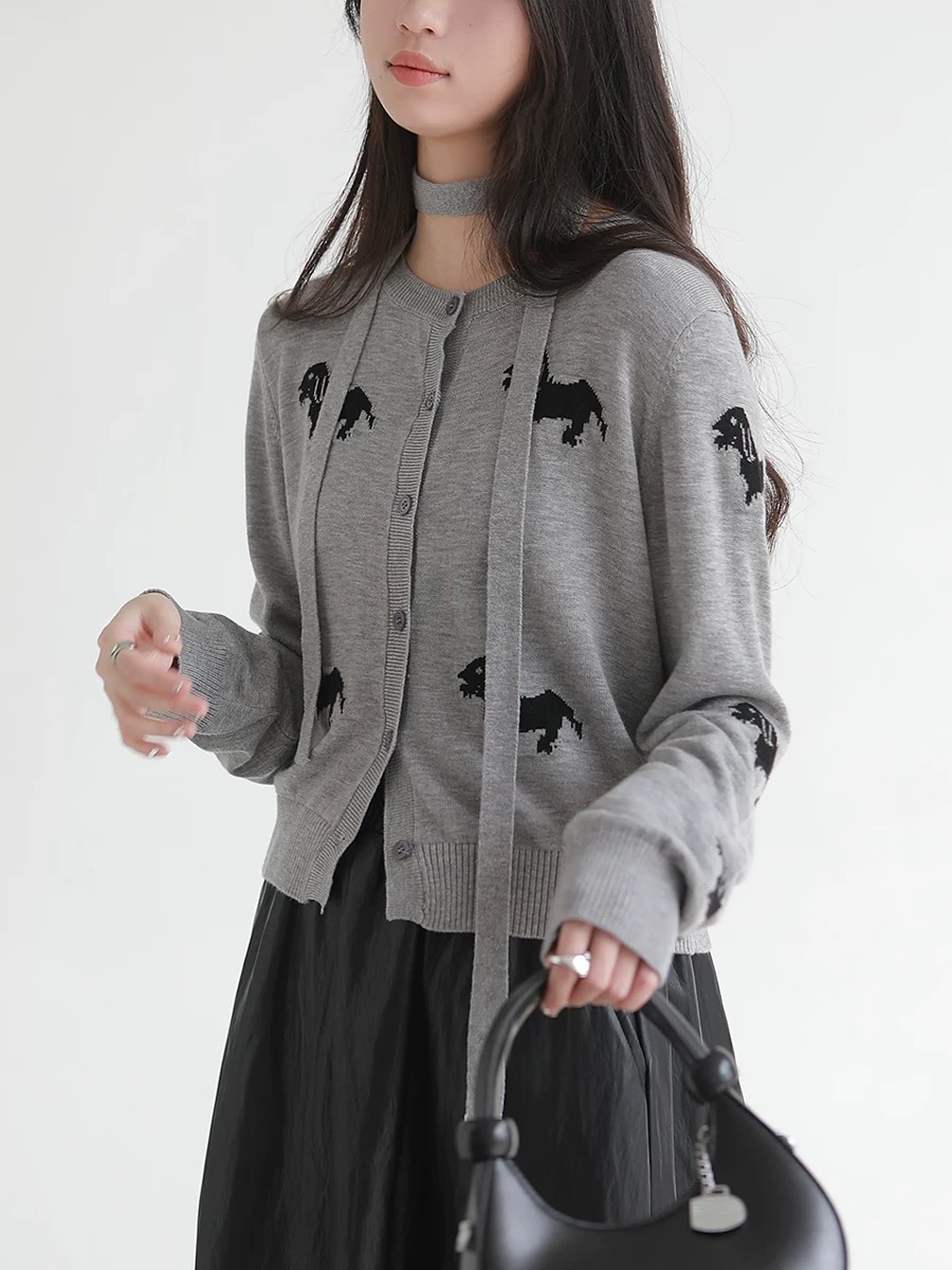 保暖毛针织衫短款印花针织上衣长袖薄款女装百搭韩版秋季911