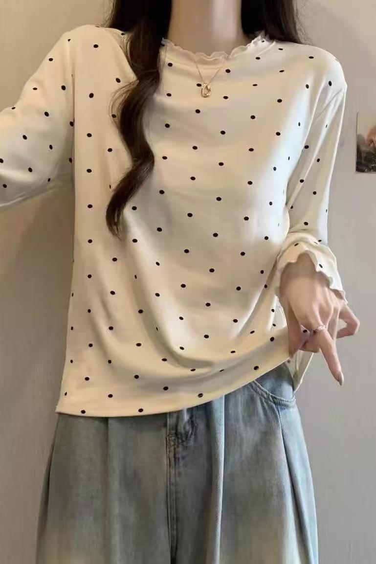 862# 可爱波点双层木耳边时尚打底T恤