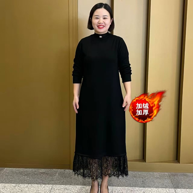 秋冬纯色加绒加厚洋气减龄拼接蕾丝气质显瘦打底长裙