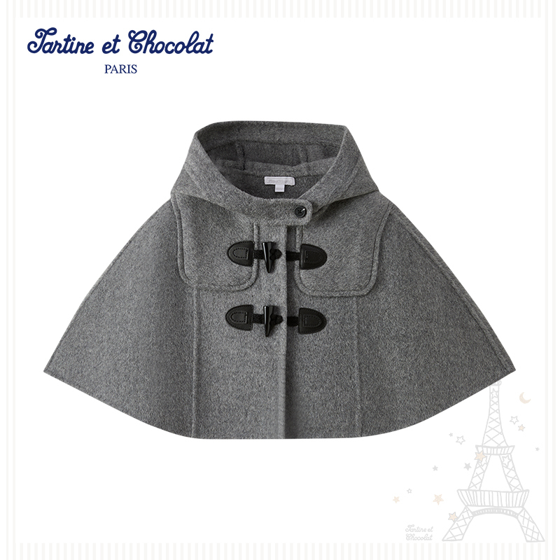 TC法国巧克力童装25秋冬女童连帽羊毛斗篷外套CIJWF4941D