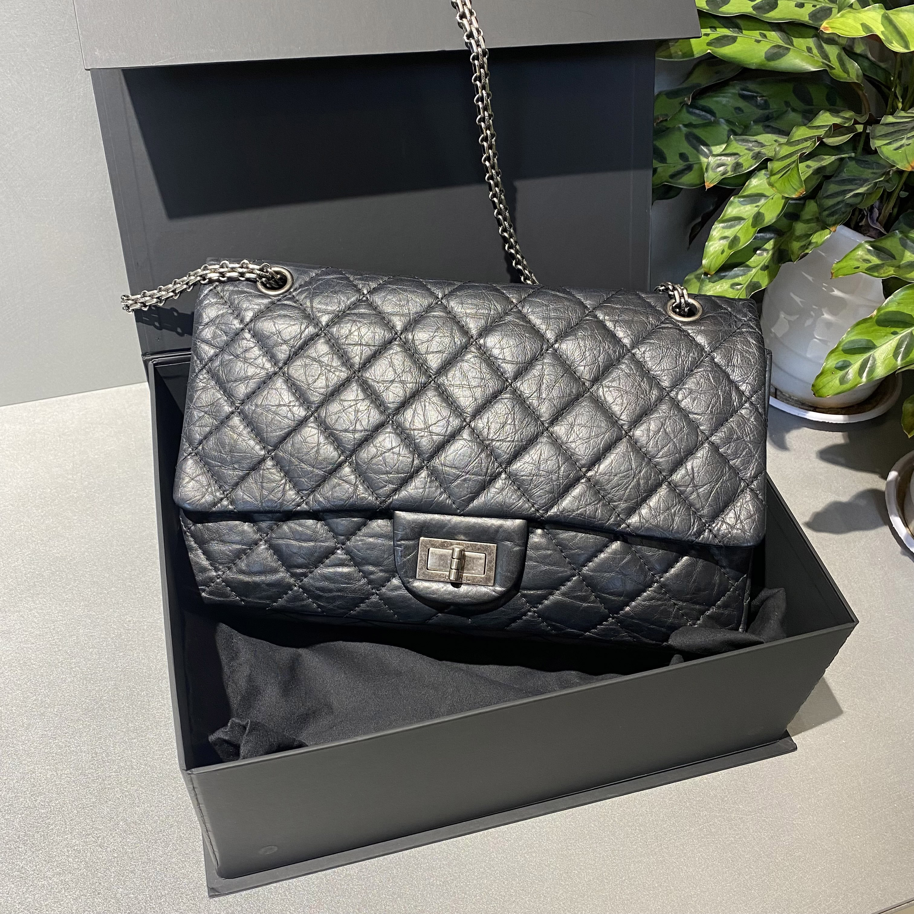 95新 Chanel/香奈儿 香奈儿 黑银cf大号13开2.55包单肩斜挎链条包