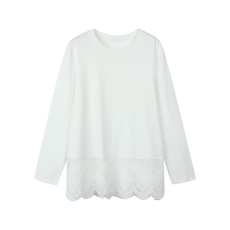 30272常【COO订单】白色长袖T恤拼接蕾丝花边春季新款圆领上衣0075