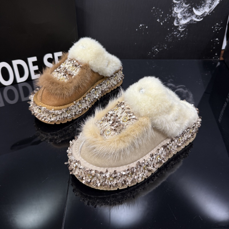 2025冬季新款厚绒里一脚蹬包头半拖时尚水钻厚底保暖毛毛鞋0923-5