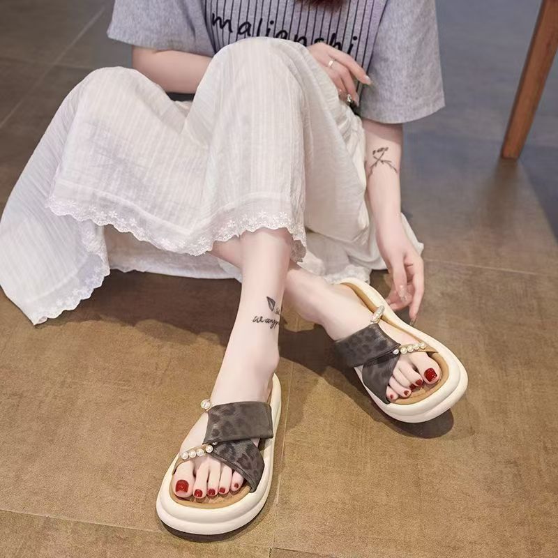 2025夏季新款珍珠豹纹柔软气质款时尚沙滩外穿厚底舒适拖鞋-5CM