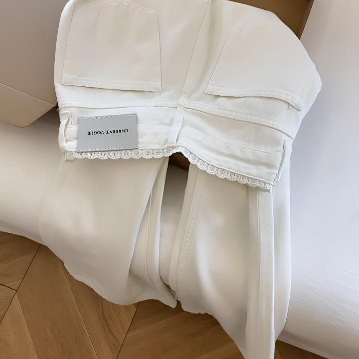 【阳阳妈专属】白色花边高腰直筒牛仔裤女春夏设计感宽松阔腿拖地裤