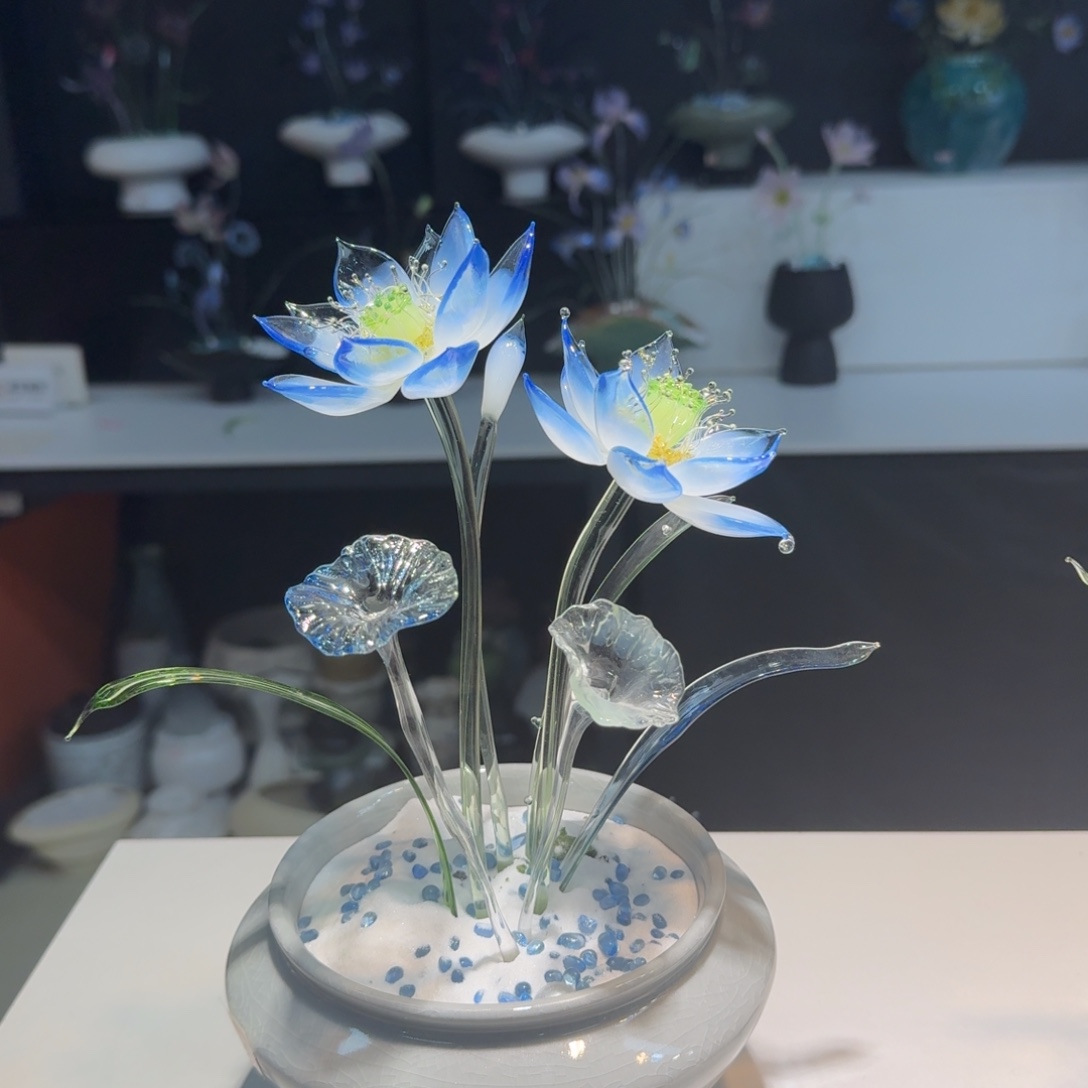 手工艺品琉璃蓝色双头荷花02