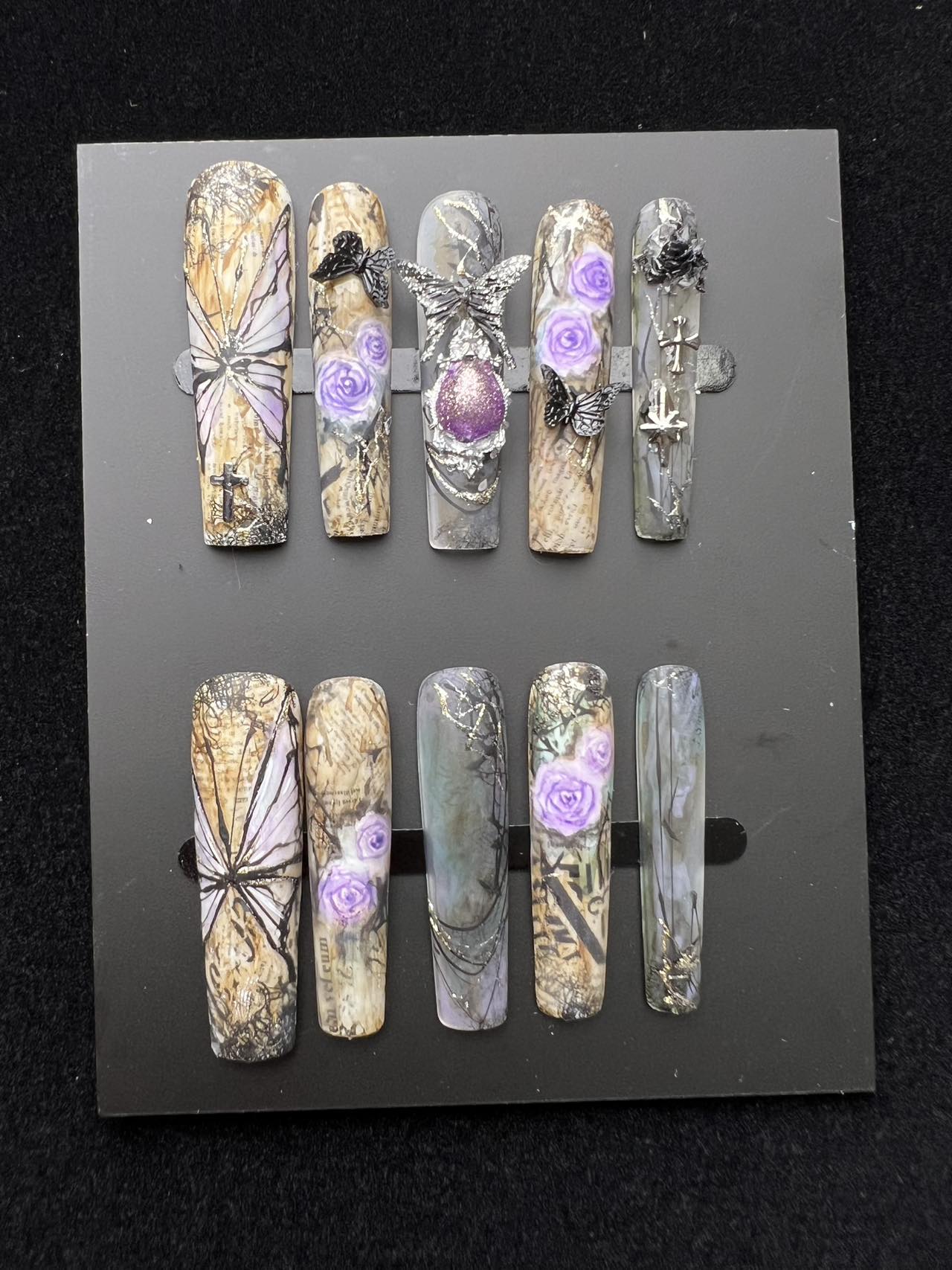 【复古紫翼】复古报纸纹紫蝶十字暗黑系穿戴甲