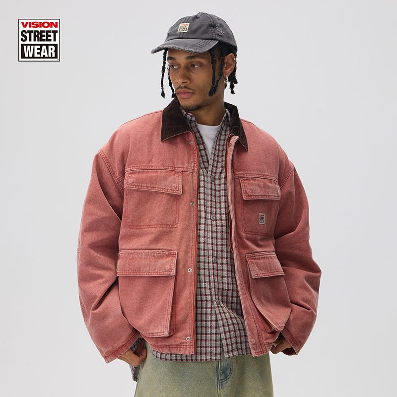VISION 美式复古水洗做旧工装夹棉四袋夹克外套男女穿搭秋冬新款