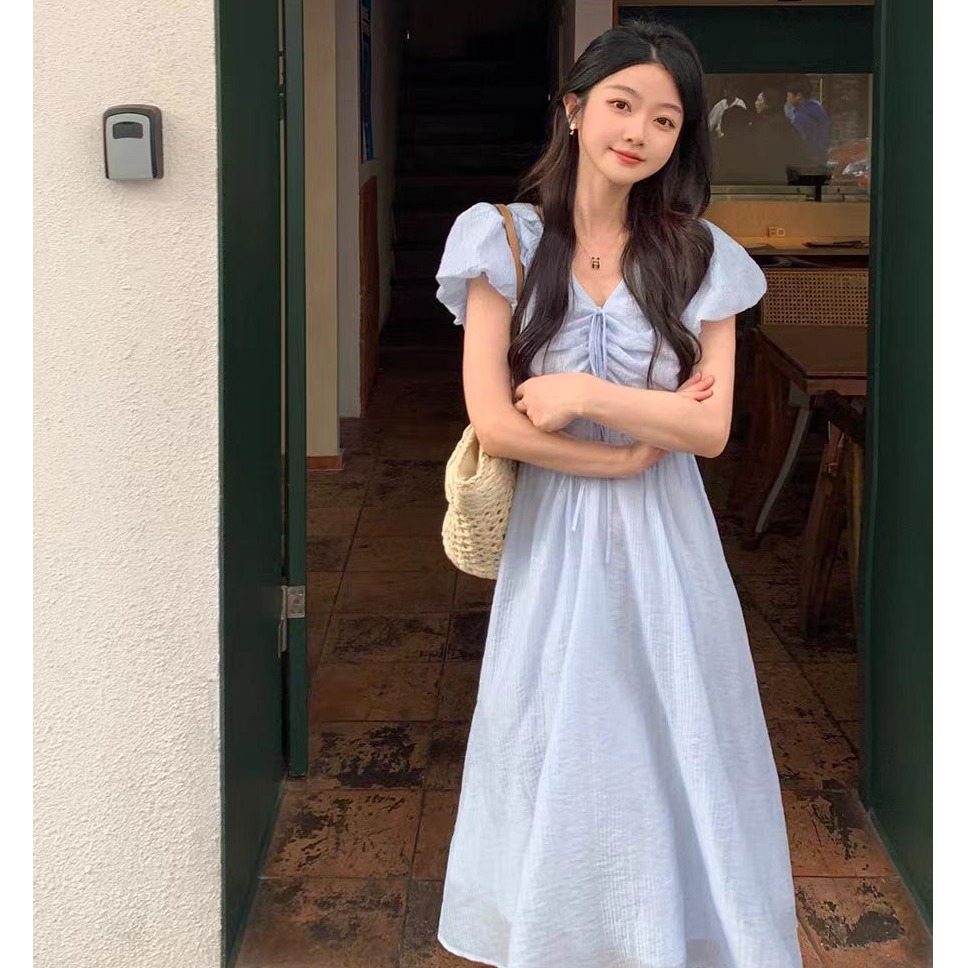 （清货）大码法式V领泡泡袖连衣裙女夏季新款收腰褶皱中长款裙1839