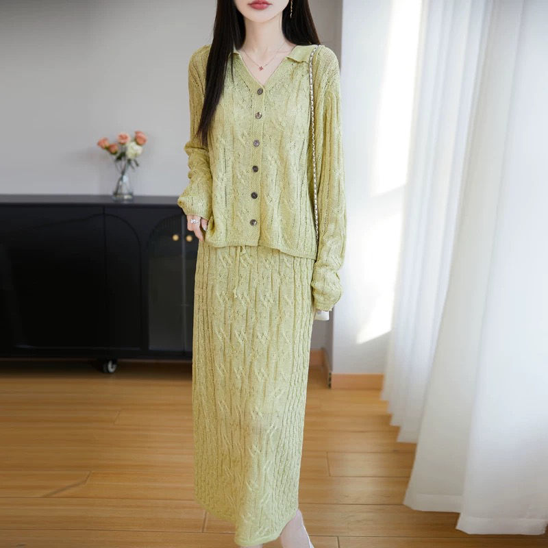 早秋设计款～多巴胺慵懒宽松亚麻&桑蚕丝重磅纽花套装时尚+半身裙