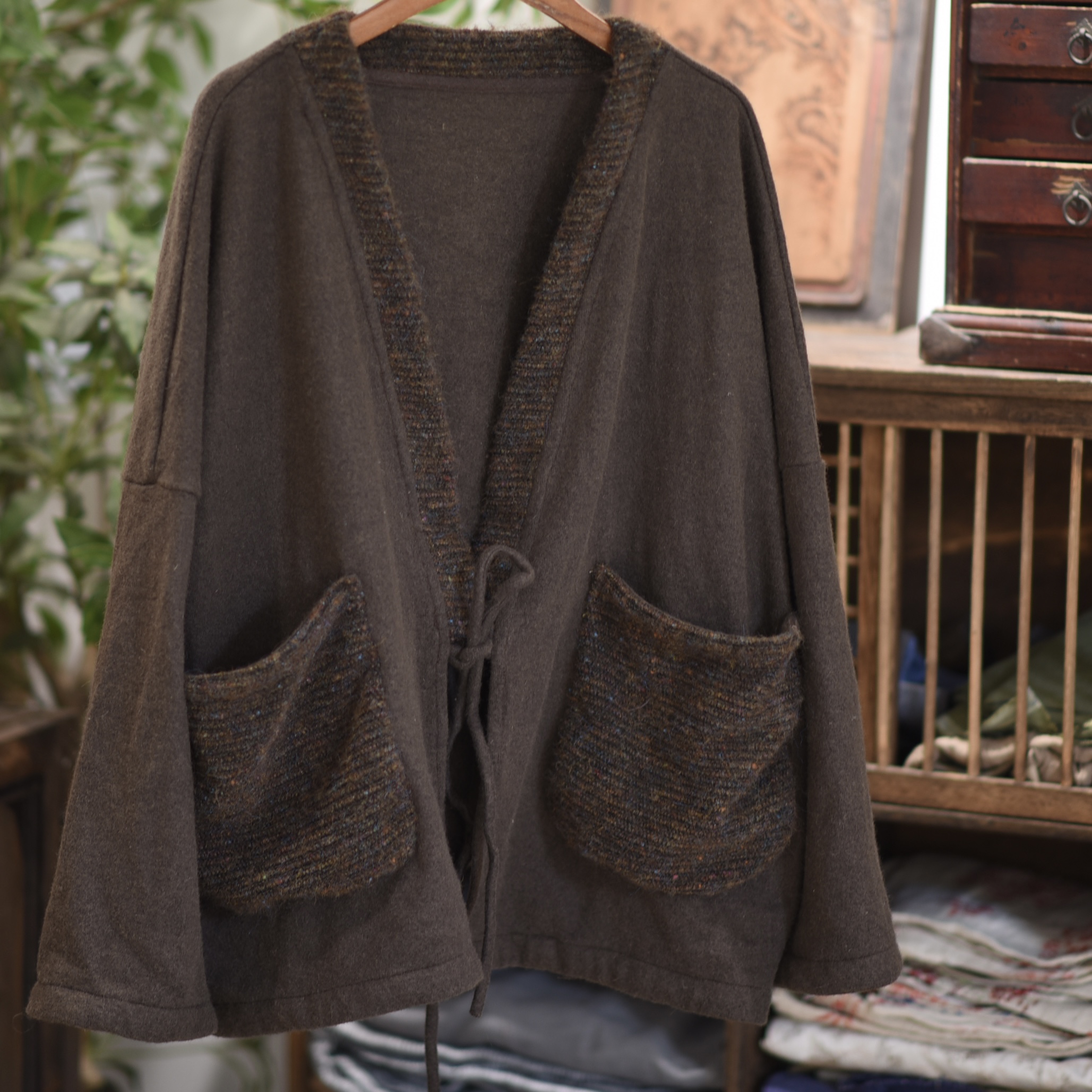 FZ1122羊毛毛呢对襟拼色系带开衫外套