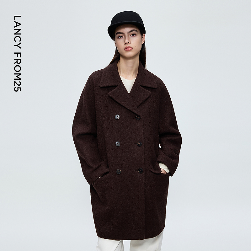 朗姿100羊毛纯色双排扣毛呢大衣女黑色呢子大衣保暖2025年冬新款