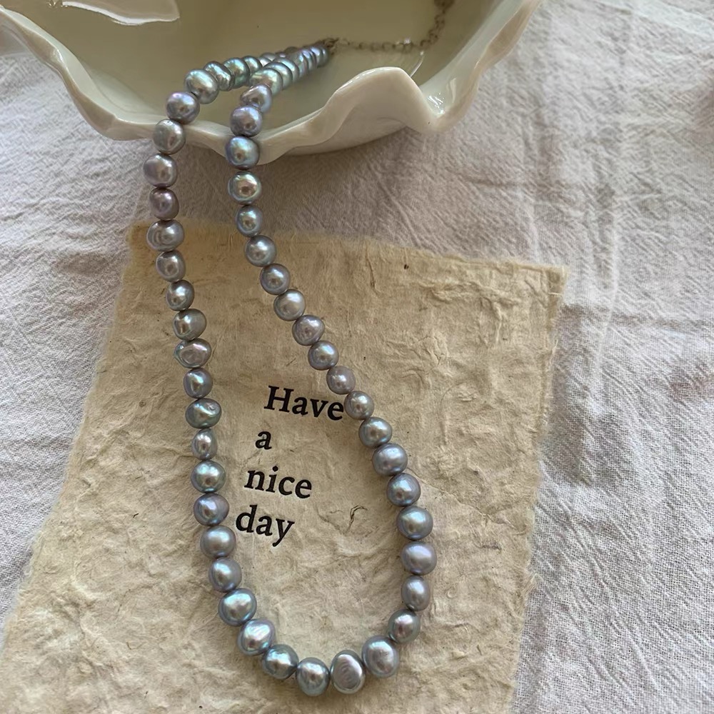 真多麻灰淡水珍珠项链高级感氛围感百搭女毛衣链女无核炫彩碎银子