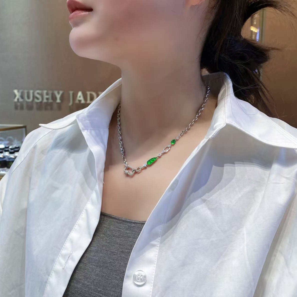 玻璃底满绿豆子葫芦设计款万能项链
