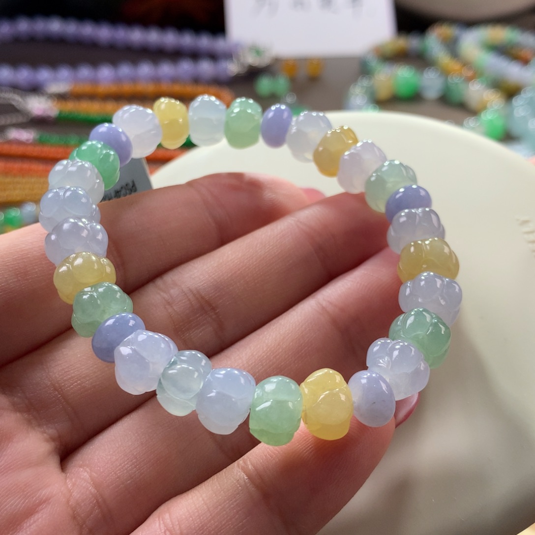 翡翠手链未镶嵌翡翠冰底莲蓬多宝卡9.5+