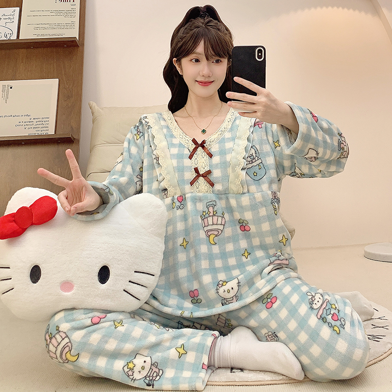 法兰绒睡衣女秋冬季加绒保暖甜美公主风加肥大码220斤胖mm家居服