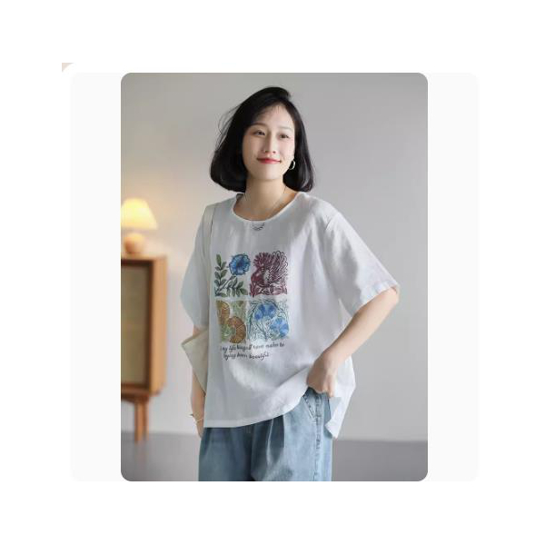 夏季新款棉麻圆领印花休闲百搭宽松显瘦薄款T恤白色女