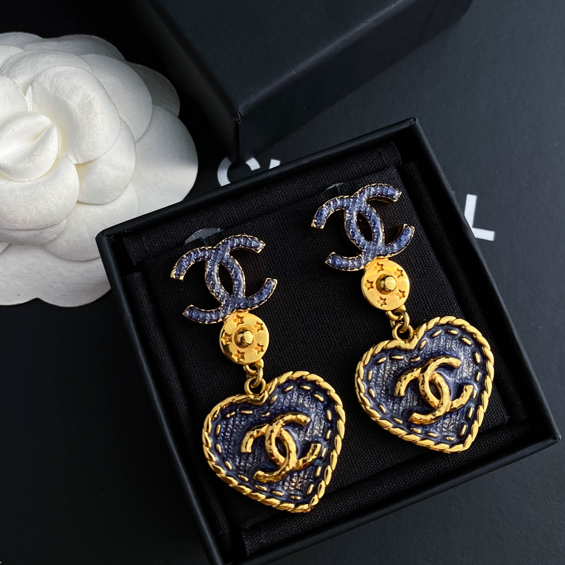 未使用 Chanel/香奈儿 FL闲置 蓝色牛仔丹宁爱心 耳环 S6392