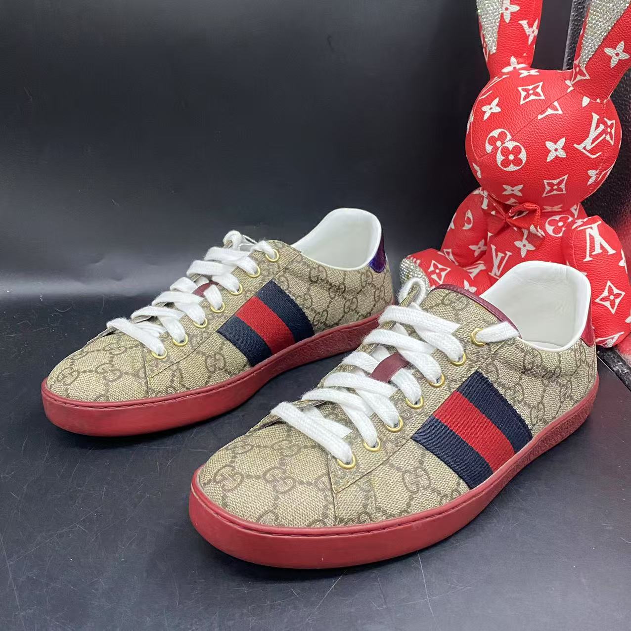 95新 GUCCI/古驰 ACE系列红底老花板鞋40欧码cat734