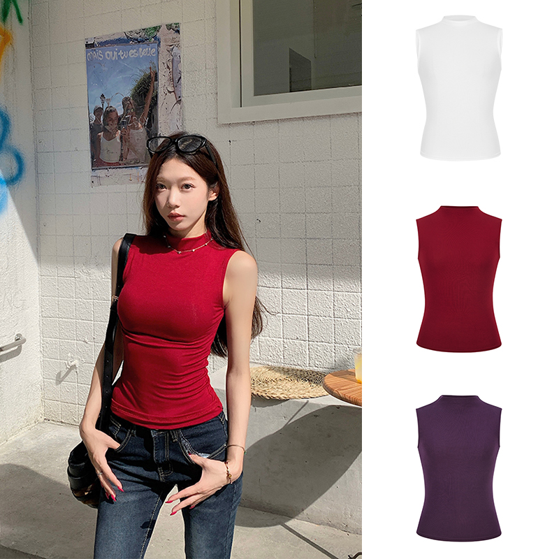 Moses Queen/魔西女王黑色辣妹无袖T恤夏半高领背心修身显瘦上衣