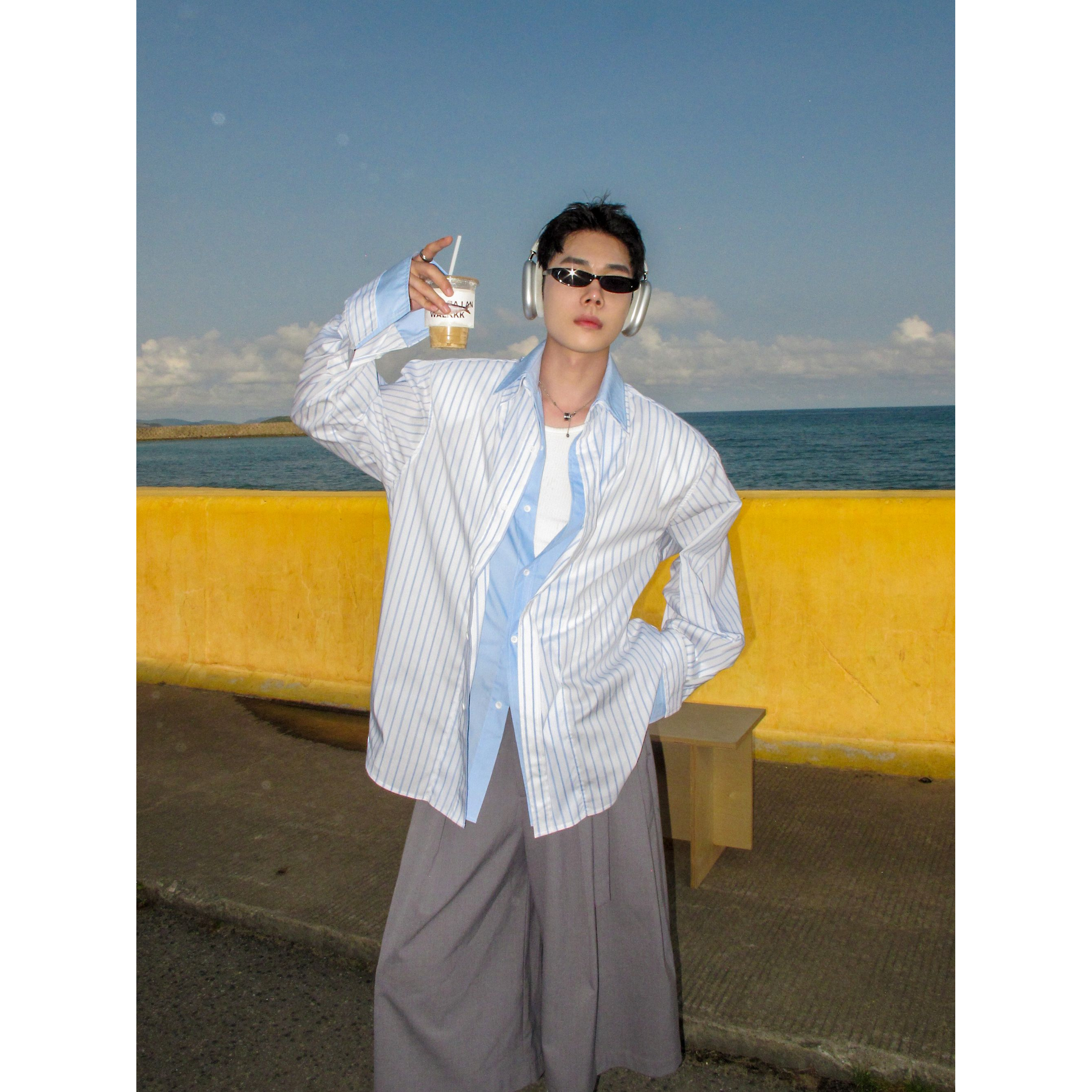 DBW Doublewin度假穿搭 条纹拼接假两件衬衫男夏季学院风衬衣1166