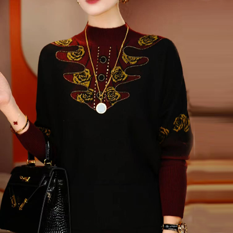 复古洋气提花烫钻半高领针织衫女秋冬新款百搭宽松显瘦保暖打底衫