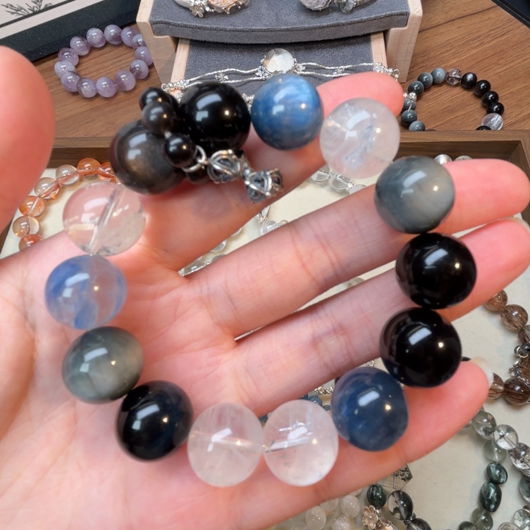 *****银S925镶嵌水晶手串天然水晶灰黑色系列手串