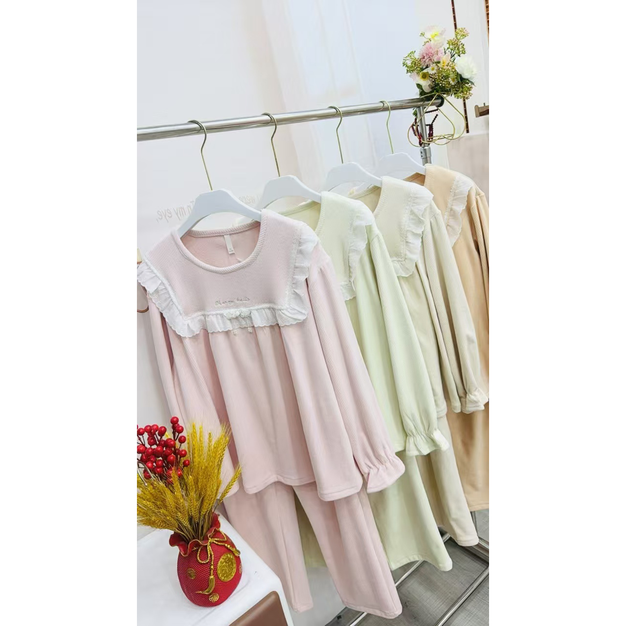 女士简约多色套头海岛绒家居服套装6467