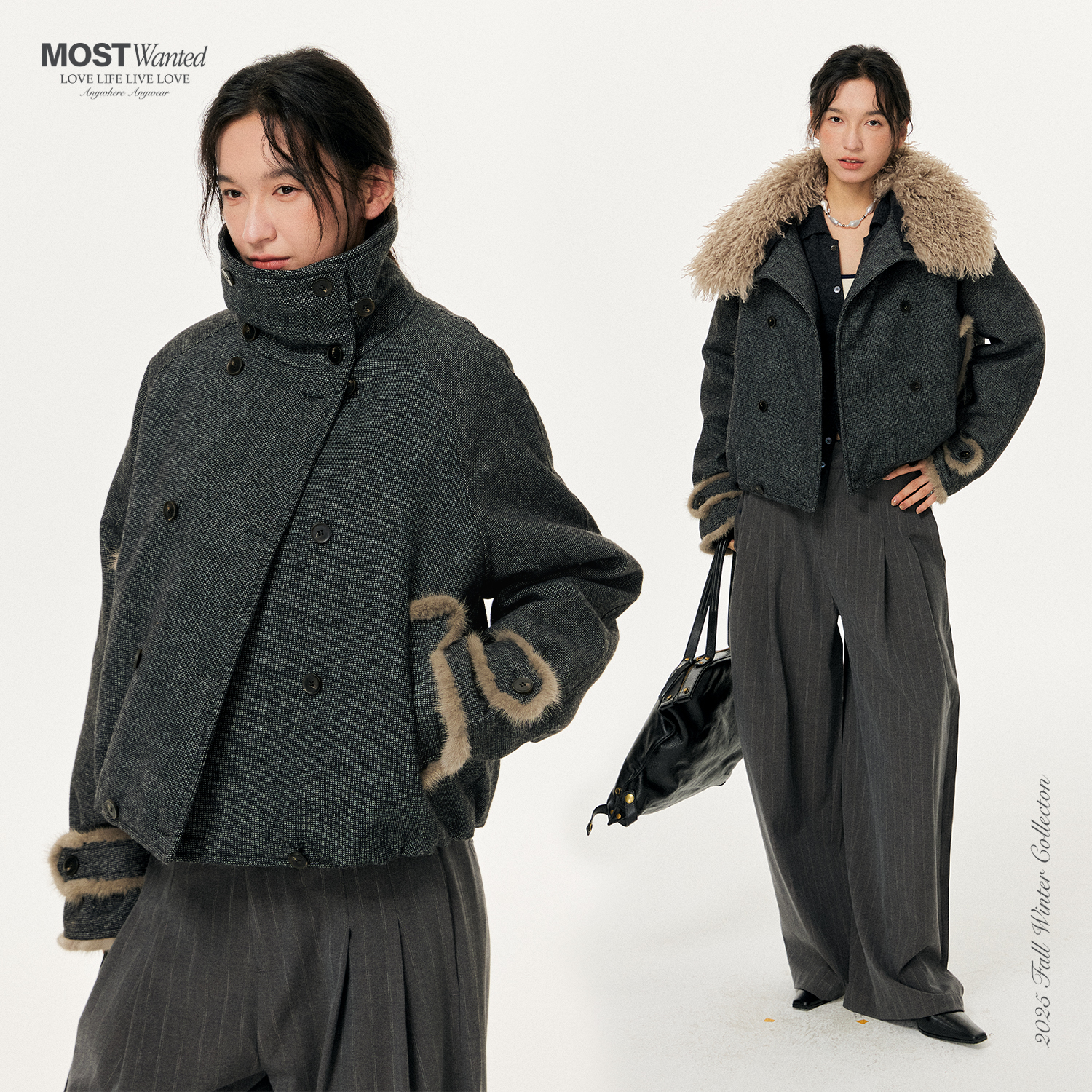 MostWanted可脱卸毛领双排扣千鸟格毛呢棉服夹克
