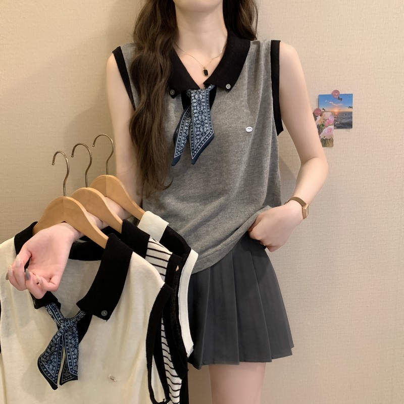 韩系设计感撞色配丝巾Polo领针织衫背心女夏季学院风无袖T恤上衣